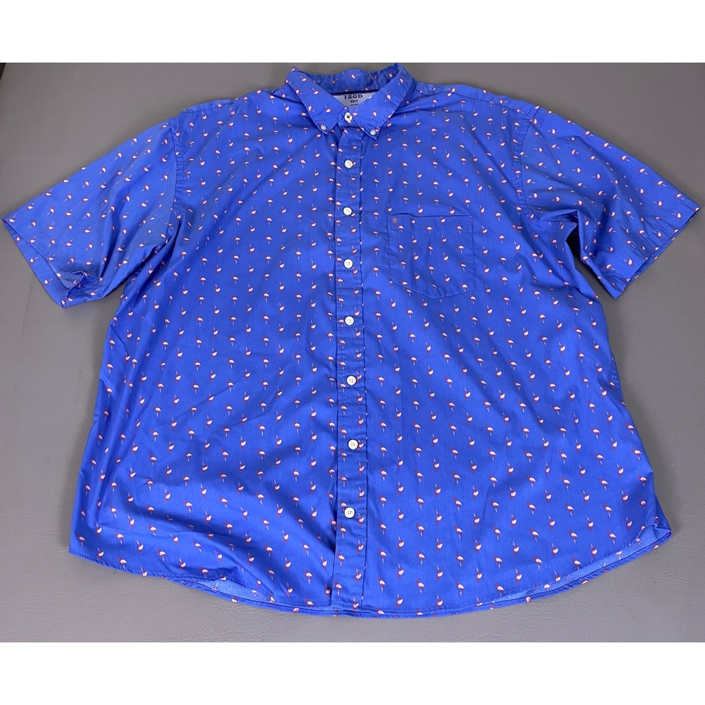 IZOD Button Down Shirt Men's 3XLT Big & Tall Blue Flamingo Print Short Sleeve